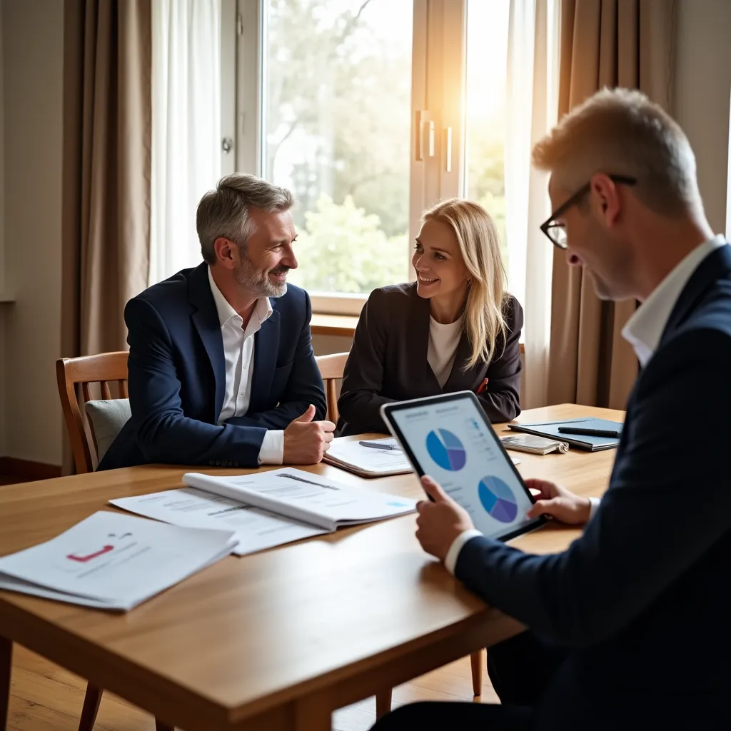 Rodzina rozmawiająca o strategiach finansowych podczas wspólnego obiadu.